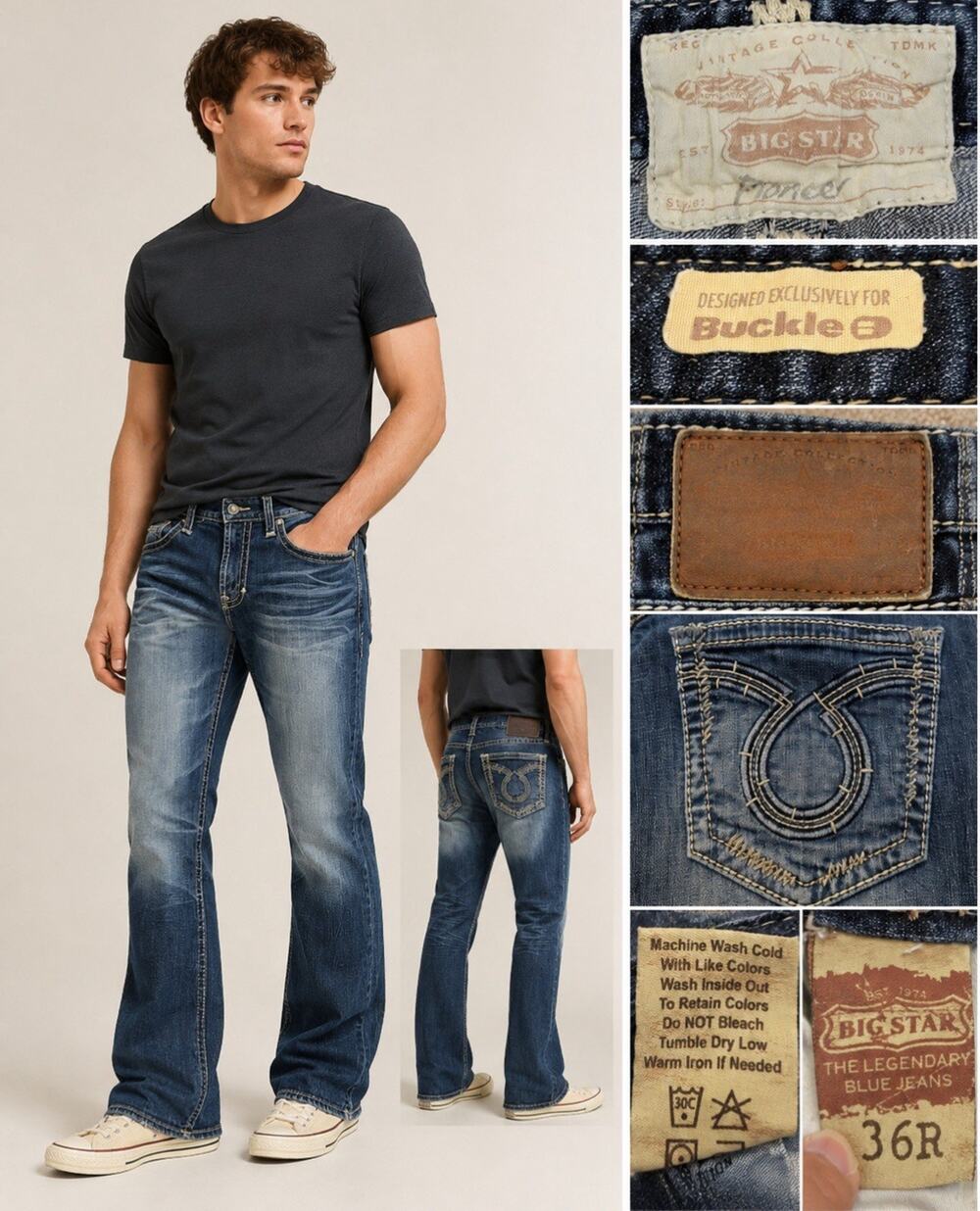 Y2K Indie Sleaze Big Star Pioneer Bootcut Jeans 36 Distressed Dark Wash Indigo